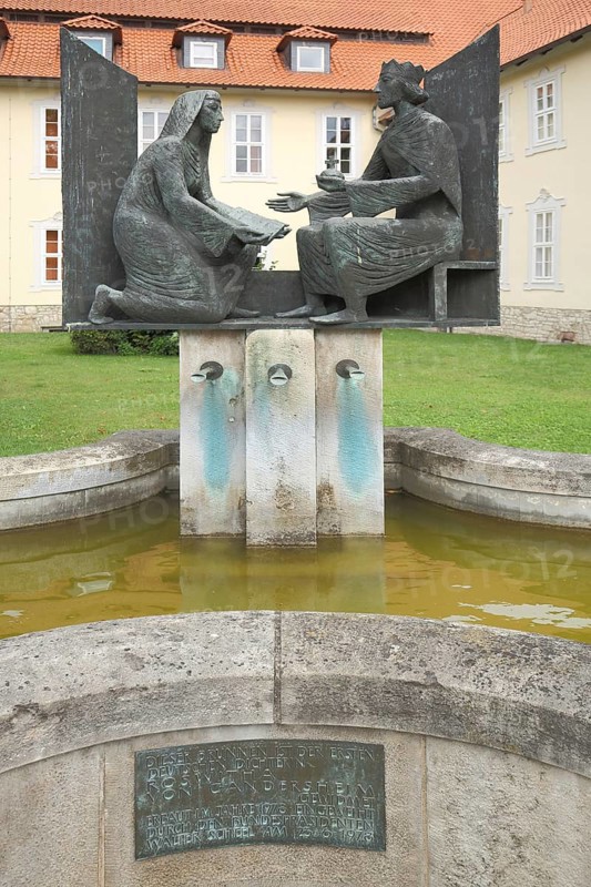 Fountain and monument to Roswitha von Gandersheim with Otto I the Great, King, Emperor, Middle Ages, sculpture, inscription, Bad Gandersheim, Lower Saxony, Germany, Europe