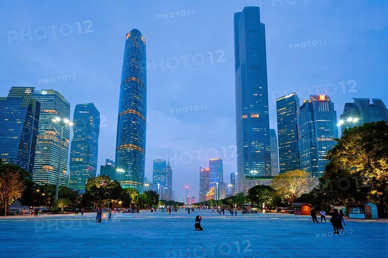 GUANGZHOU, CHINA, APRIL 27, 2018: Guangzhou cityscape skyline Flower City Square illuminated in the evening. Guangzhou, China, Asia