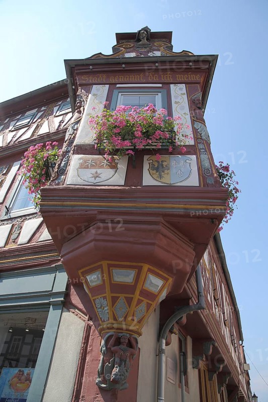 Bay window with ornamentation on half-timbered house and view upwards, Einhardhaus, Seligenstadt, Main, Hesse, Germany, Europe
