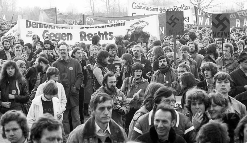 The party congress of the National Democratic Party of Germany (NPD) triggered protests against neo-Nazism, fascism and war on 08.12.1979 in Ketsch, Germany, Europe