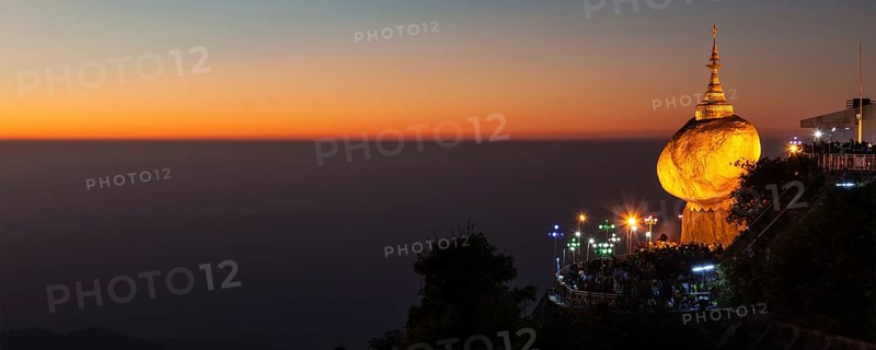 Panorama of Golden Rock, Kyaiktiyo Pagoda, famous Myanmar landmark, Buddhist pilgrimage site and tourist attraction, Myanmar, Asia