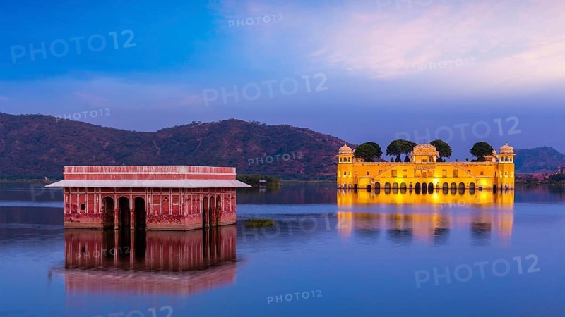 Panorama of Rajasthan landmark, Jal Mahal (Water Palace) on Man Sagar Lake in the evening in twilight. Jaipur, Rajasthan, India, Asia