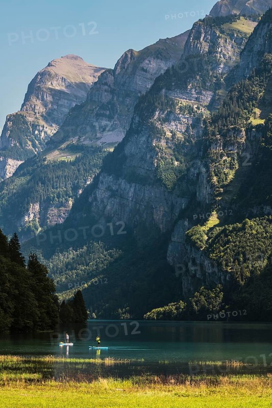 View over the Klöntalersee, on the left the 2327m high Vorderglärnisch, Klöntal, Canton Glarus, Switzerland, Europe