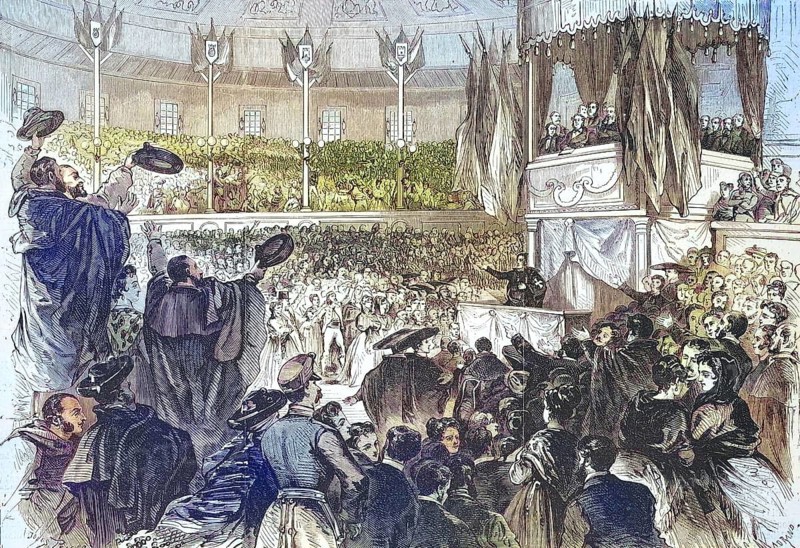 Rally at Circus Price in Madrid for the abolition of slavery in the colonies, 1869, Spain, Historic, digitally restored reproduction of an original 19th century artwork, exact original date unknown, Europe