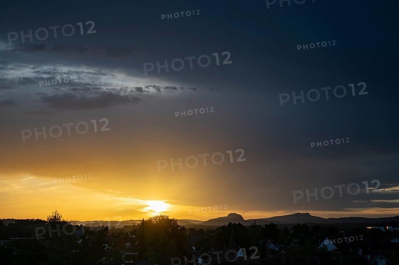 Sunset over the Hegau with Hohentwiel and Hohenstoffeln, Constance County, Baden-Württemberg, Germany, Europe