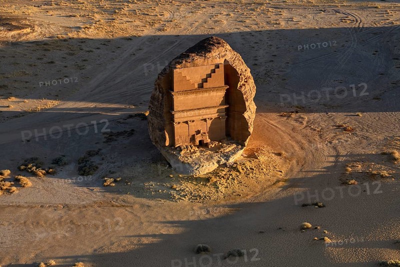 Qasr Al-Farid, 2000-year-old tomb of the Nabataeans, aerial view, Hegra or Madain Salih, AlUla region, Medina province, Saudi Arabia, Arabian Peninsula, Asia