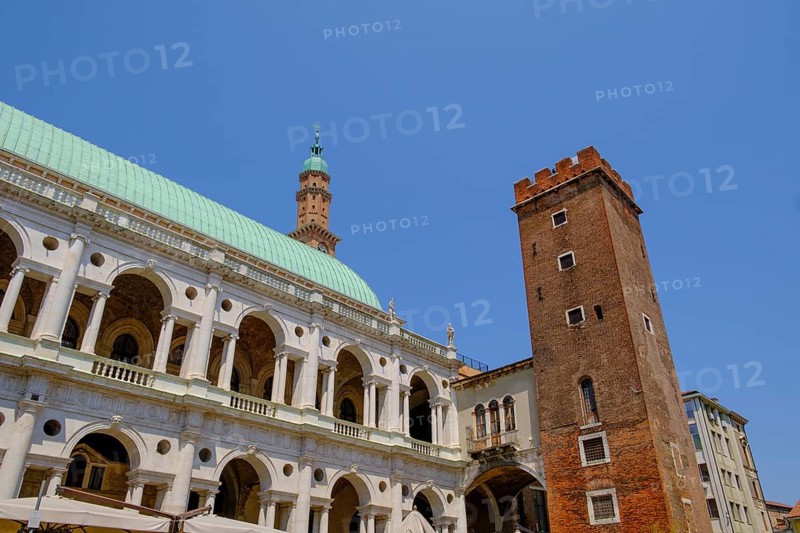 Piazza delle Erbe, with Basilica Palladiana, and Torre Bissara, Vicenza, Veneto, Italy, Europe