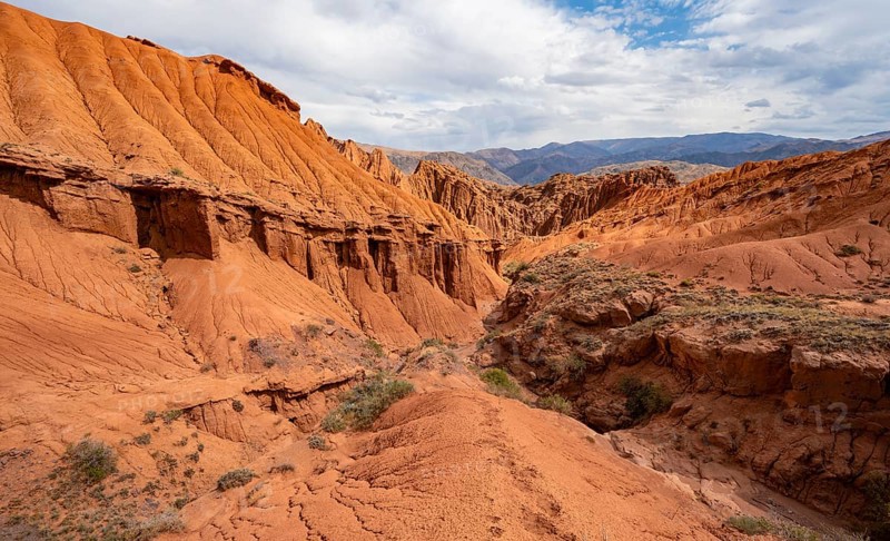 Eroded mountain landscape with sandstone cliffs, canyon with red and orange rock formations, Konorchek Canyon, Chuy, Kyrgyzstan, Asia