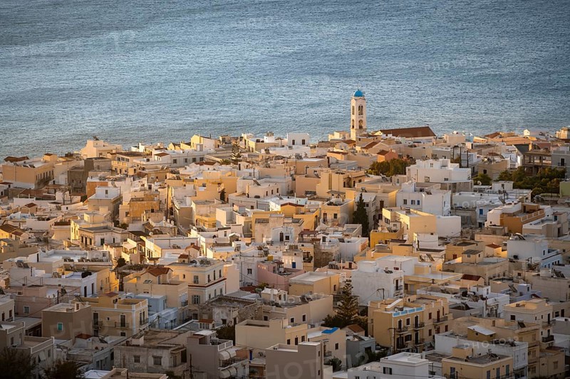 View from Ano Syros to the houses of Ermoupoli and church in the morning light, Ano Syros, Syros, Cyclades, Greece, Europe