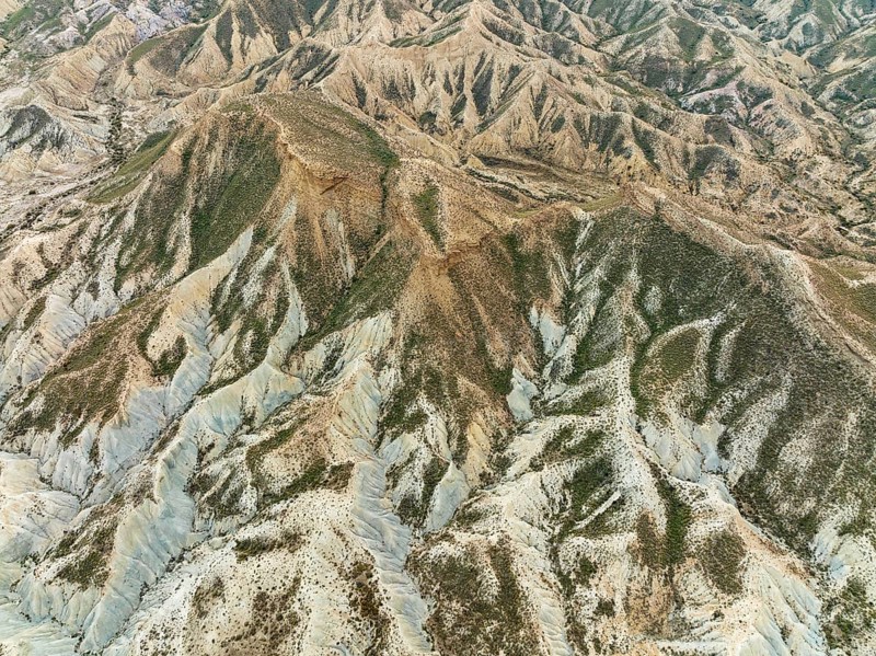 Bare ridges of eroded sandstone in the badlands of the Tabernas Desert, Europe's only true desert, aerial view, drone shot, Almería province, Andalusia, Spain, Europe