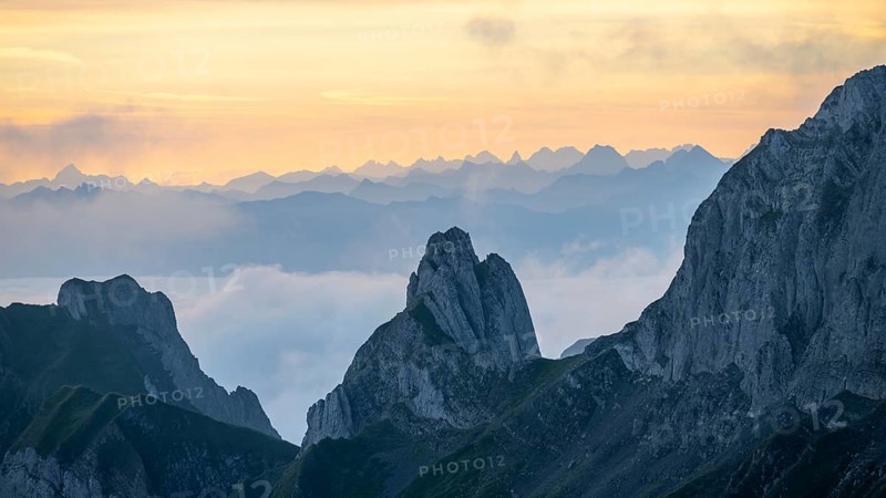Sunrise, mountains in the fog, Säntis, Appenzell Ausserrhoden, Appenzell Alps, Switzerland, Europe