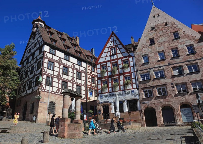 In the old town centre of Nuremberg, restaurant, Zum Albrecht-Dürer-Haus and houses on Tiergärtnertorplatz, Middle Franconia, Bavaria, Germany, Europe