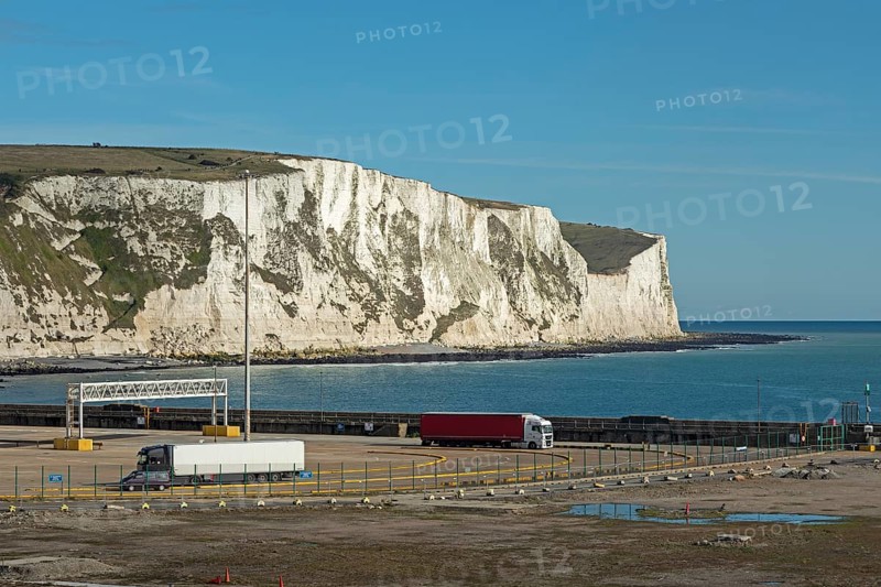 White cliffs, lorry, truck, harbour, Dover, Kent, England, Great Britain