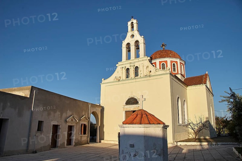 Wide angle, church, bell tower, dome, red tiled roof, Agios Georgios Monastery, Arsani Monastery, Orthodox Monastery, Central Crete. Rethimnon Province, Crete, Greece, Europe