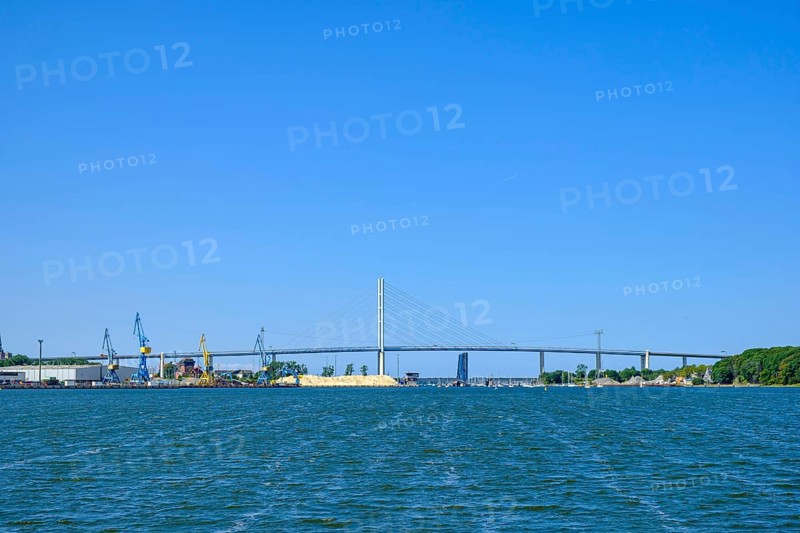 Picturesque view along the Strelasund towards the New Rügen Bridge, Hanseatic City of Stralsund, Mecklenburg-Western Pomerania, Germany, Europe