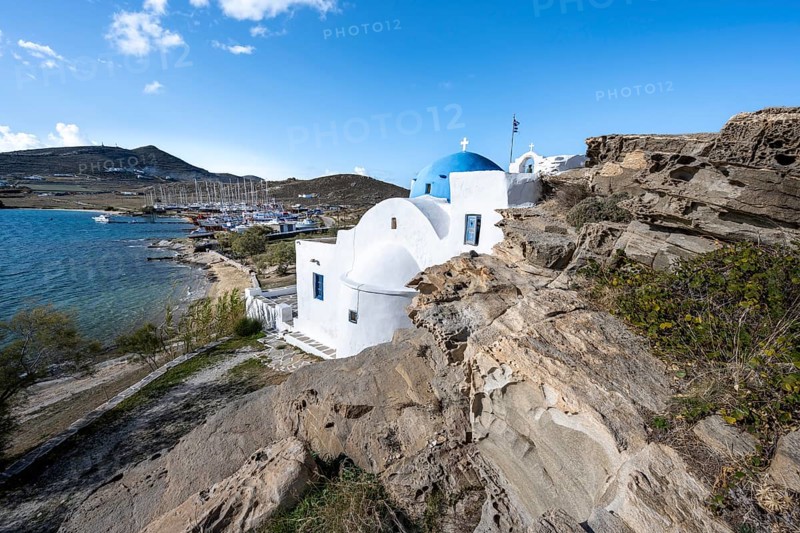 Monastery of Agios Ioannis Detis between rocks on the coast, Paros, Cyclades, Greece, Europe