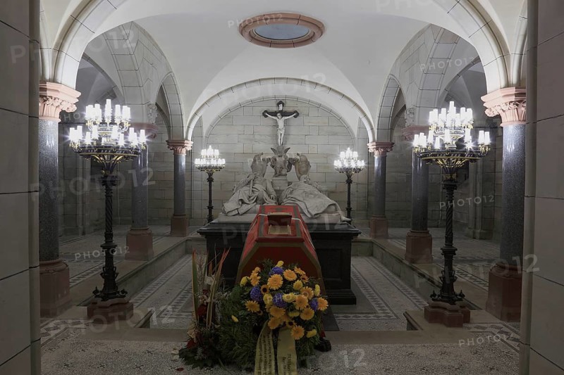 Coffin of Ferdinand and sarcophagi of his parents, Koháry crypt under the church of St Augustine in Coburg, burial place of the Catholic line of the Coburg ducal house, Upper Franconia, Bavaria, Germany, Europe