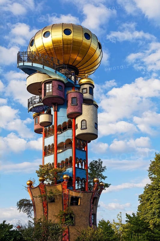 Work of art, Kuchlbauer Tower, also Hundertwasser Tower, 34, 19 metres high, completed in 2010, designed by Friedensreich Hundertwasser, executed by Peter Pelican, Kuchlbauer Brewery, beer garden in Kuchlbauer's Bierwelt, Abensberg, Lower Bavaria, Hallertau, also Holledau or Hollerdau, Bavaria, Germany, Europe