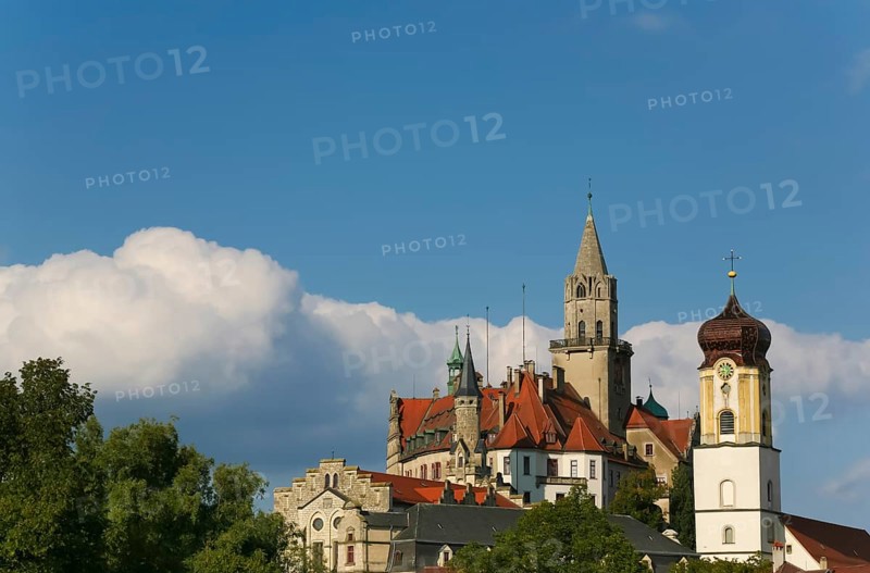 Hohenzollern Palace Sigmaringen, former princely residence and administrative seat of the Princes of Hohenzollern-Sigmaringen, town palace, architecture, historical building, on the right Roman Catholic parish church of St John, St John the Evangelist, baroque hall church, church, west view, Sigmaringen, Upper Swabia, Baden-Württemberg, Germany, Europe