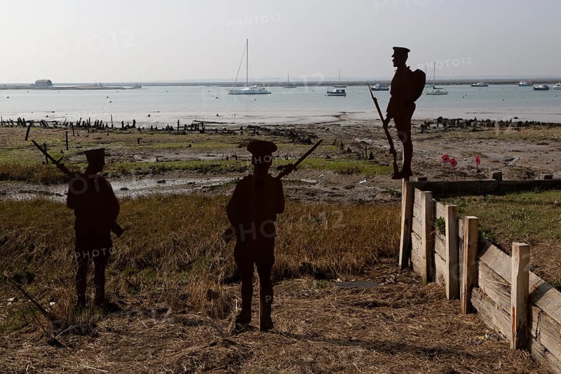 Metal silhouettes of First World War soldiers, West Mersea, Mersea Island, Essex, England, UK