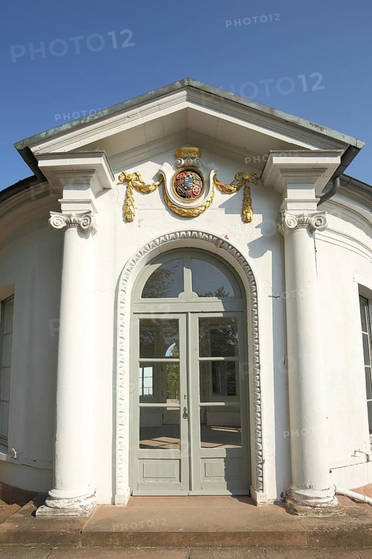 Entrance to the Classicist Breakfast Pavilion in the Palace Garden, Pavilion, Aschaffenburg, Lower Franconia, Franconia, Spessart, Bavaria, Germany, Europe