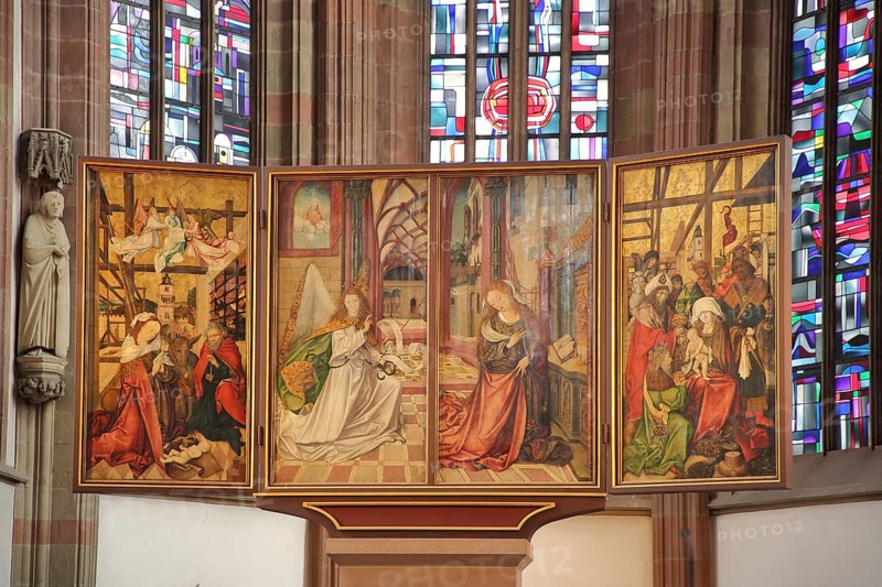 Historic folding altar with painting of Madonna figure, angel and birth of Jesus in the Gothic Lady Chapel, high altar, winged altar, arts and crafts, portrait of Mary, baby Jesus, Christmas, Saint Joseph, colourful church windows, stained glass, Würzburg, Lower Franconia, Franconia, Bavaria, Germany, Europe