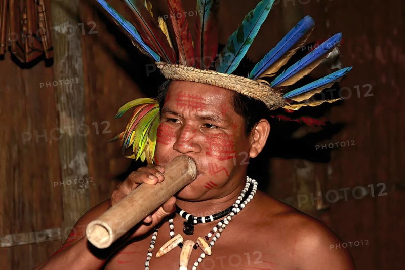 Portrait of an Indian man from the Dessanos tribe with face paintings and wearing a traditional hat made of feathers and blowing in a flute, Rio Taruma, Manaus, Amazon state, Brazil, South America
