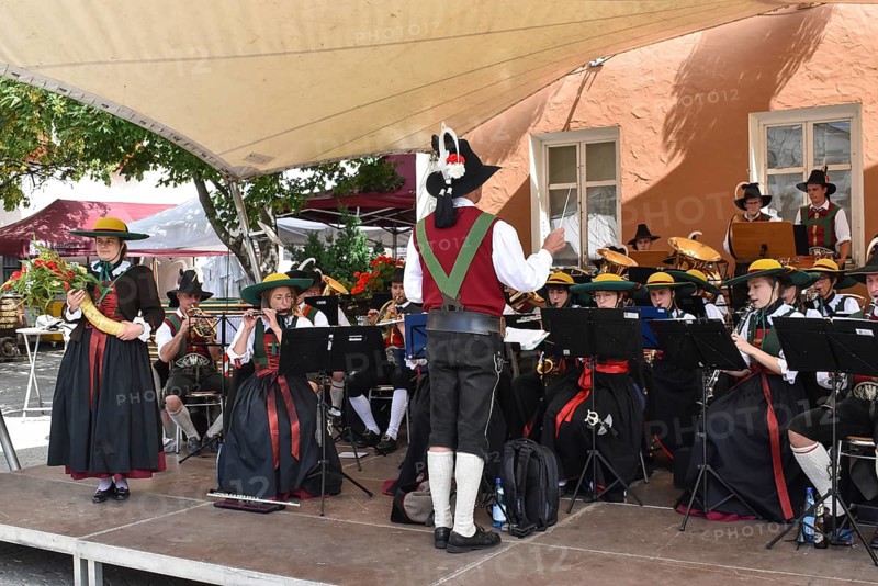 The Civic Band of Sterzing in typical South Tyrolean traditional costume at a brass band concert in Sterzing, South Tyrol, Italy, Europe