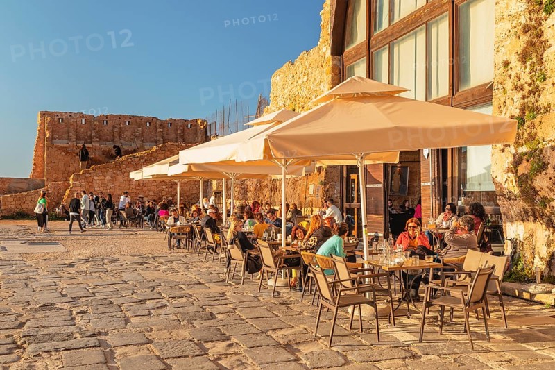 Street cafe at the Venetian harbor in the old town of Chania, Crete, Greece, Chania, Crete, Greece, Europe