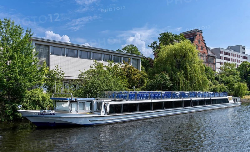 Empty excursion boat anchors on the Spree in Berlin-Moabit, Germany, Europe