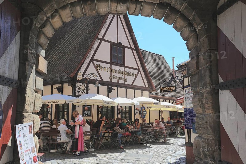 In the old town centre of Nuremberg, Franconian restaurant, Bratwurstgloecklein, in the Handwerkerhof, formerly Waffenhof, Middle Franconia, Bavaria, Germany, Europe