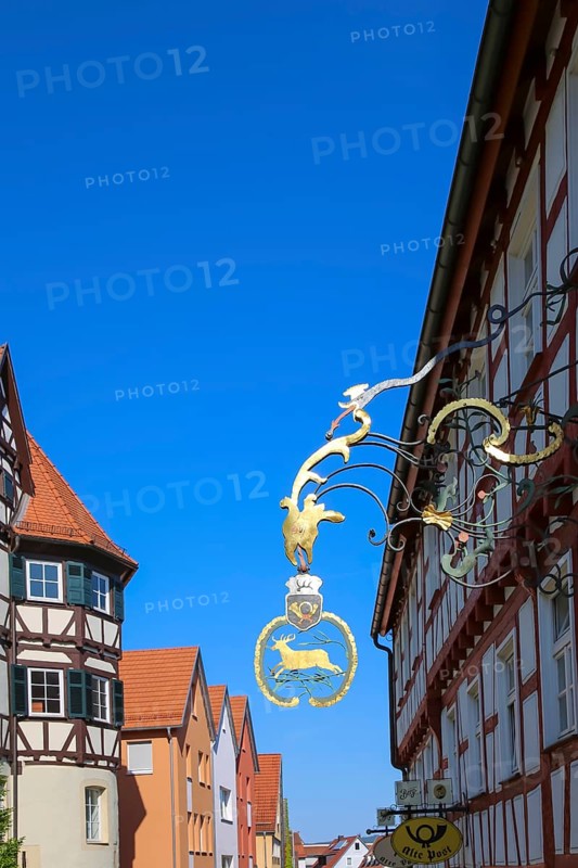 Tavern sign, Alte Post restaurant, restaurant, building, window, half-timbered, historic building, architecture, left motor vehicle registration authority, Münsingen, Swabian Alb, Baden-Württemberg, Germany, Europe