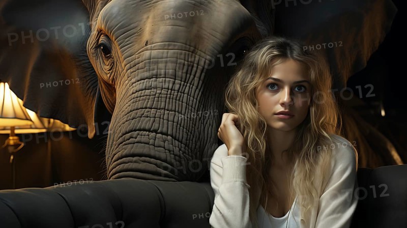 Contemplative young woman sitting in A daze ignoring the elephant in the room. generative AI