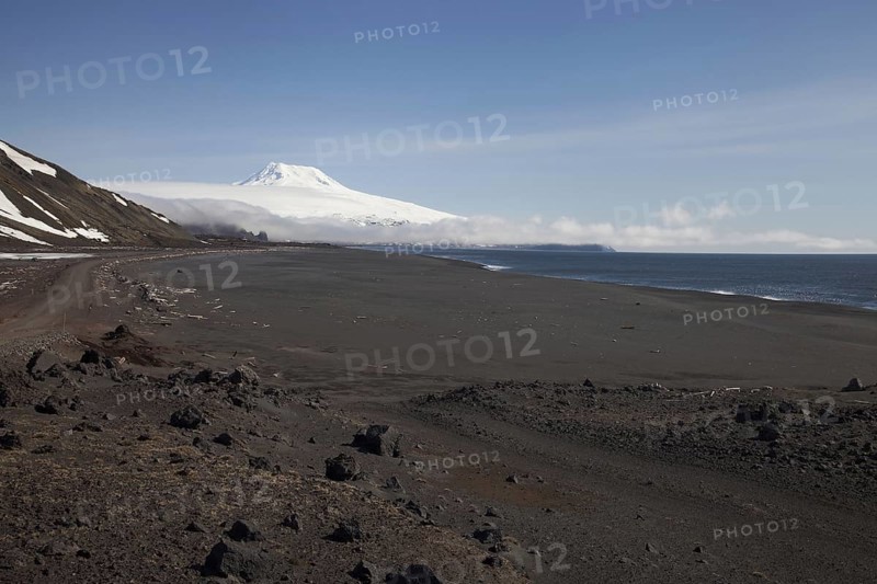 Black sand beach and snow covered Beerenberg volcano (2) (277m) on Jan Mayen, volcanic island in the Arctic Ocean in spring