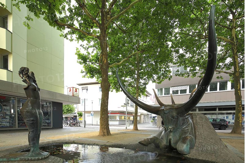 Europabrunnen by Gernot Rumpf 1980, sculpture, mythical creature, bull figure, horns, Europaplatz, Rüsselsheim, Hesse, Germany, Europe