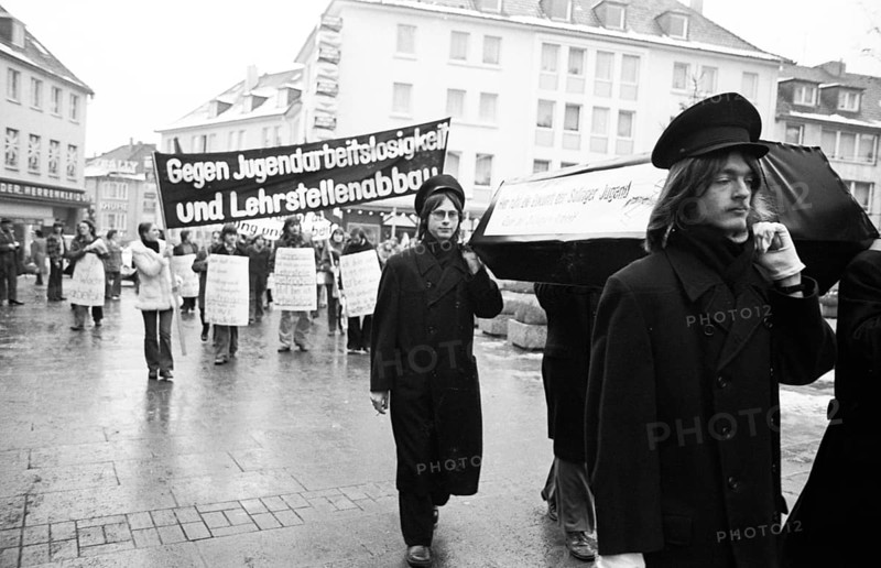 Young unemployed people demonstrated against unemployment and apprenticeship cuts in Solingen, Germany on 14.12.1074