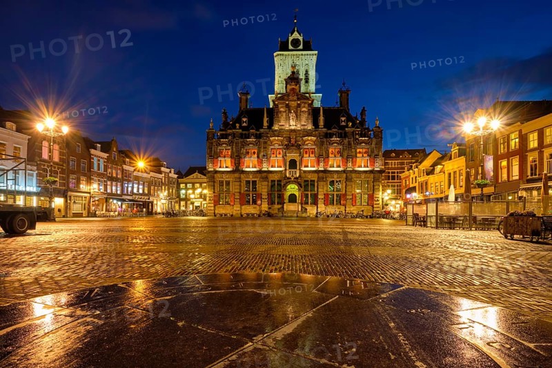 Delft City Hall and Delft Market Square Markt in the evening. Delfth, Netherlands