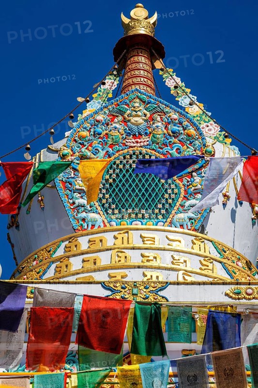 Buddhist gompa with prayer flags. Tabo monastry, Tabo, Spiti Valley, Himachal Pradesh, India, Asia