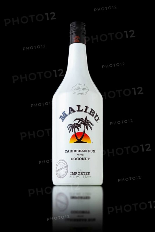 MINSK, BELARUS, OCTOBER 3, 2016: Bottle of Malibu Rum, internationaly renowned coconut flavored rum-based liqueur made with natural coconut extract produced on Barbados
