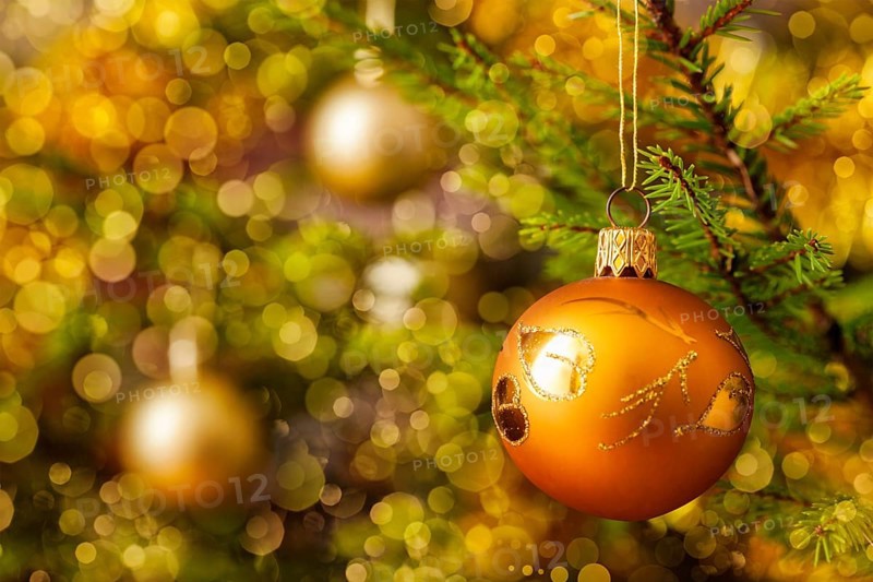 Christmas celebration holiday background, christmas-tree decoration bauble on decorated Christmas tree with defocused blurred lights bokeh and copyspalce