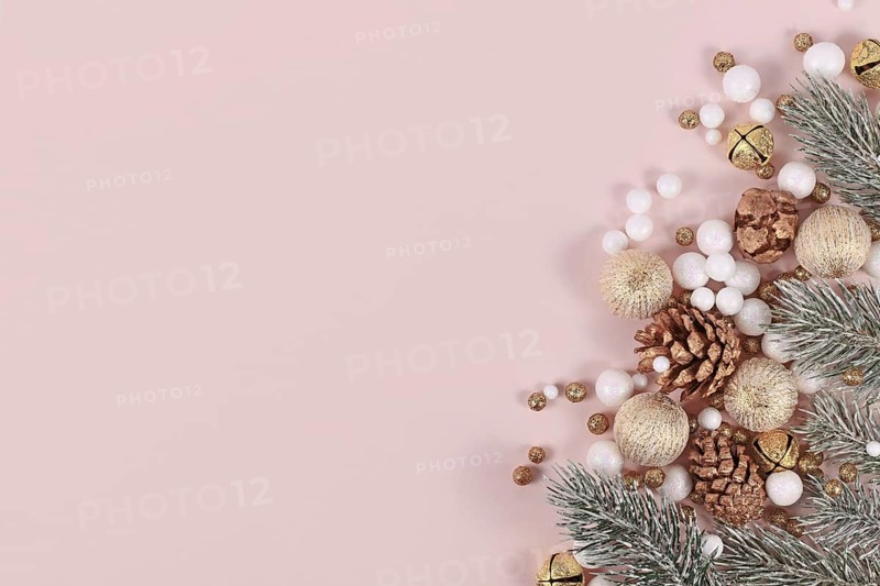 Christmas banner with for branches, cones, golden tree baubles and snowballs on side of pink background with copy space