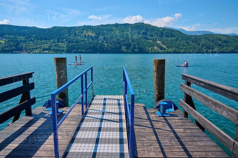 Lake shore, jetty, summer, Lake Millstatt, Millstatt, Carinthia, Austria, Europe