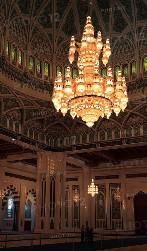 The Great Sultan Qabus Mosque in Muscat is the main mosque in Oman. It is considered one of the most important buildings in the country and one of the largest mosques in the world. Large chandelier in the men's prayer hall, Oman, Asia
