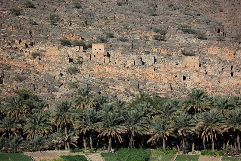Abandoned houses of the historic settlement of Ghul at Jebel Shams, Oman, Asia