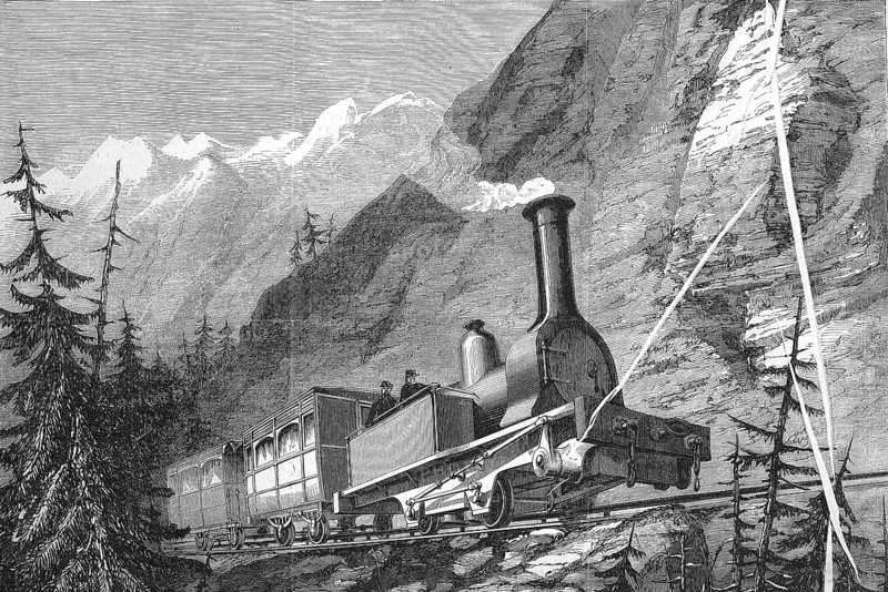 Engine driver on the locomotive on the Mont-Cenis railway, an international railway line operated from 1868 to 1871 on the border between France and Italy over the 2081 metre Mont-Cenis pass between Modane and Susa, Historic, digitally restored reproduction of an original 19th century artwork, exact original date unknown