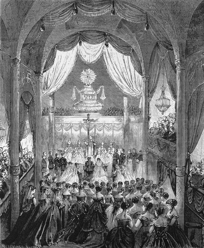 The wedding of Umberto I and his cousin Margarethe on 22 April 1868 in Turin Cathedral, Umberto I. Umberto Rainerio Carlo Emanuele Giovanni Maria Ferdinando Eugenio di Savoia (14 March 1844) (29. July 1900), House of Savoy, was King of Italy from 1878 to 1900, and Margarethe Maria Therese Johanna, Margherita Maria Teresa Giovanna di Savoia (20 November 1851) (4 January 1926), Historical, digitally restored reproduction of a 19th century original