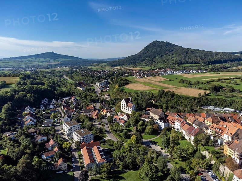 Aerial view of the town of Engen, on the right the Hegau volcano Hohenhewen. on the left the Hohenstoffeln, district of Constance, Baden-Württemberg, Germany, Europe