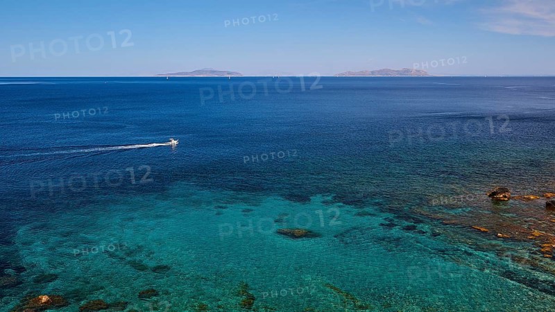 Passing boat, green sea, blue sea, Favignana, Levanzo, Marettimo, Egadi Islands, Sicily, Italy, Europe