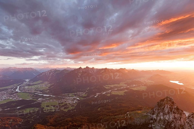 Magnificent view from the Säuling summit near Füssen. Dramatic sunset over the Lechtal valley near Reutte