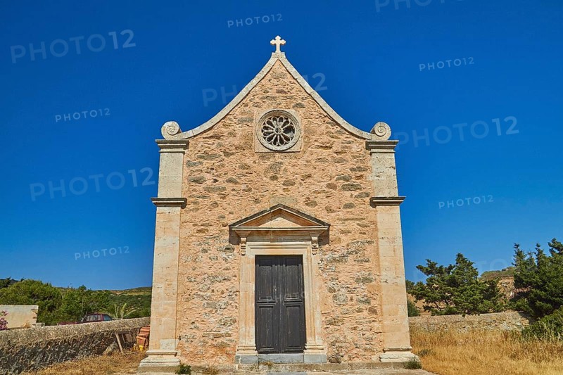 Chapel, façade, entrance door, blue cloudless sky, Toplou, Orthodox Monastery, East Crete, Lassithi Province, Crete, Greece, Europe